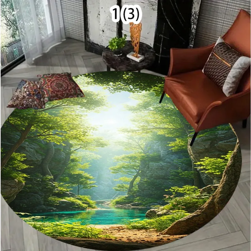 Natural Landscape Living Room Round Carpet Forest Lakes Pattern Area Rug Modern Home Decor Soft Non-slip Floor Mat for Bedroom