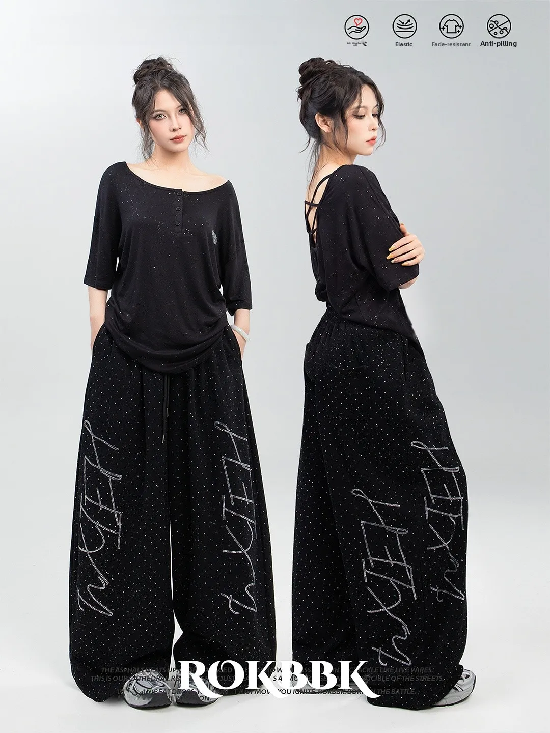 ROKBBK-K American Hip Hop Style Rhinestone Wide Leg Pants Women Loose Street Dance Trend Sequin Casual Trousers