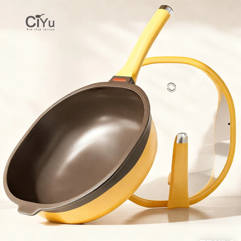 Eco-Friendly Durable Non-stick Titanium Alloy Wok Pan with Composite Bottom Glass Lid Gas Induction Ready Oven Safe