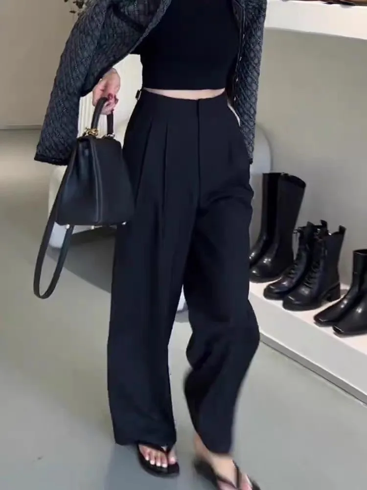 

Костюмные брюки с высокой талией и широкими штанинами для женщин, корейские модные утягивающие брюки, осень 2024, повседневные брюки прямого кроя