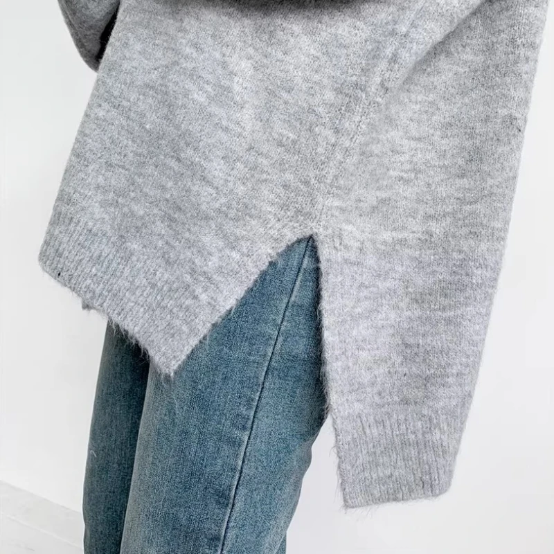 Damskie swetry na jesień i zimę, długie, szare, z rękawami typu latarnia, rozcięciem bocznym, dekoltem O, dzianinowe pulowery, oversize, pull hiver femme