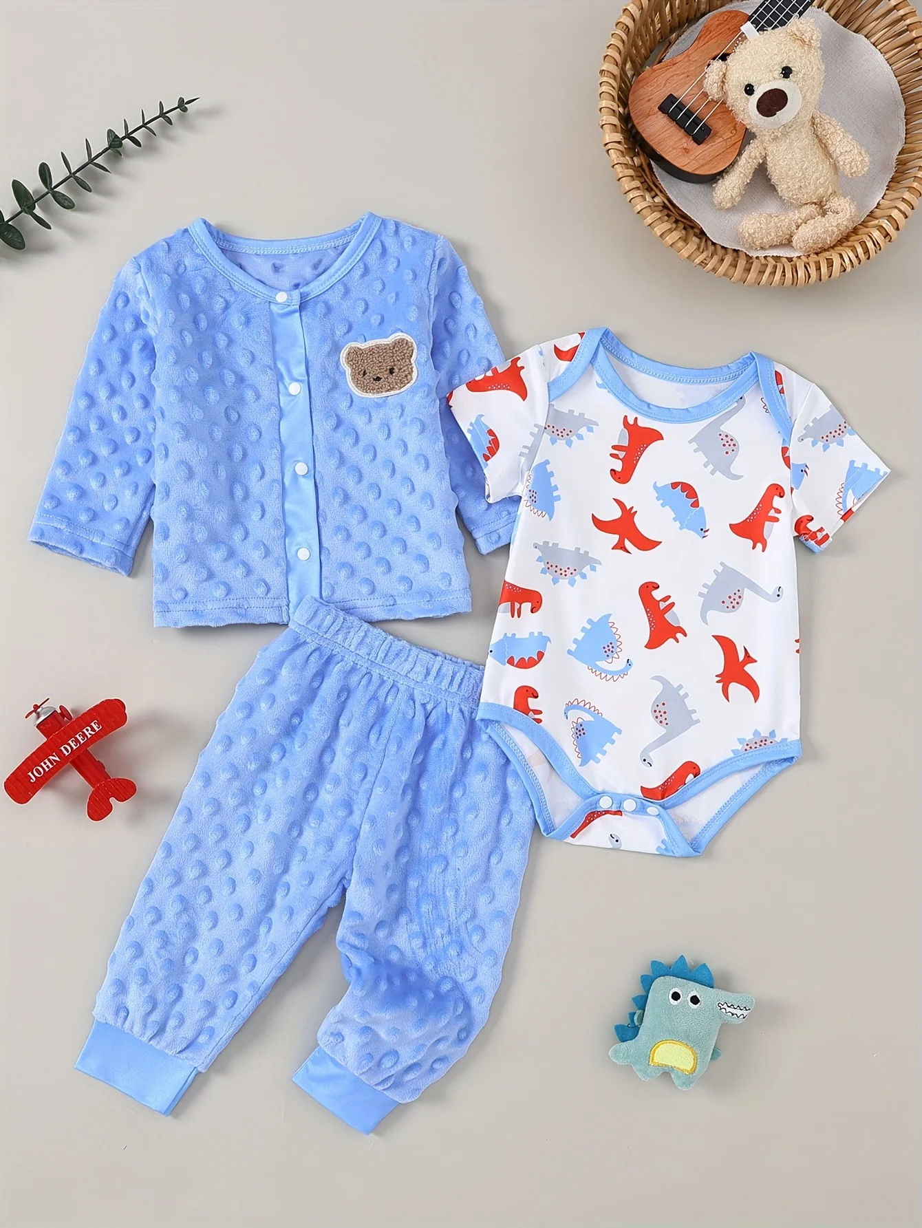 BabyBoyAutumnWinterSetLongSleeveRomperPantsPlushFabricSoftComfortableNewbornEssentialOutfi
