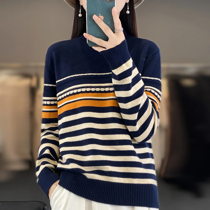 Women New Pure Wool Soft Sweater Half-high Collar Color Strip Pullover Autumn Winter Casual Versatile Knit Base Shirt Warm Top