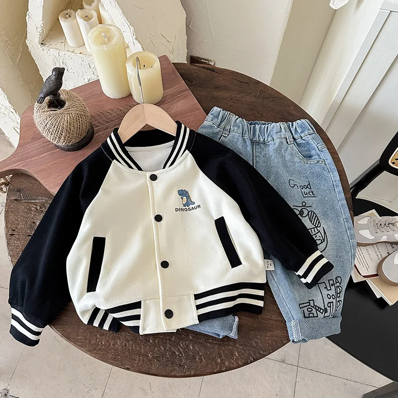 26 Spring Autumn Boys' Cartoon Dinosaur Patchwork Baseball Jacket New Fashion Coat Kids Children Clothes 3-12 Years Outfit