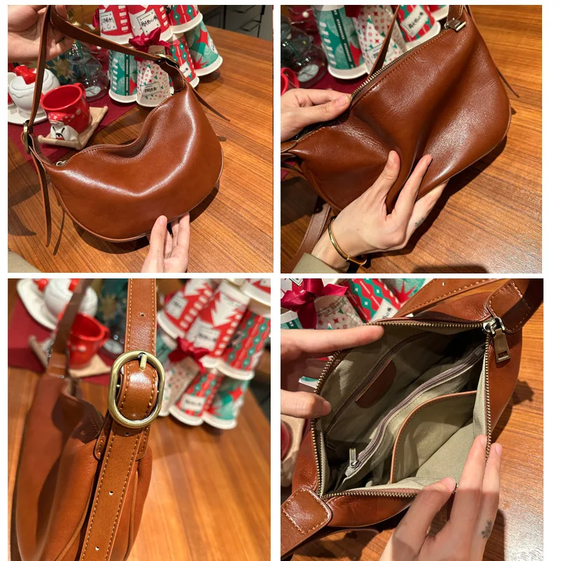 Women\'s Underarm Genuine Leather Handbag Dumpling 2024 Crossbody Messenger Bag High-capacity Commuting Lady Casual Shoulder Bag