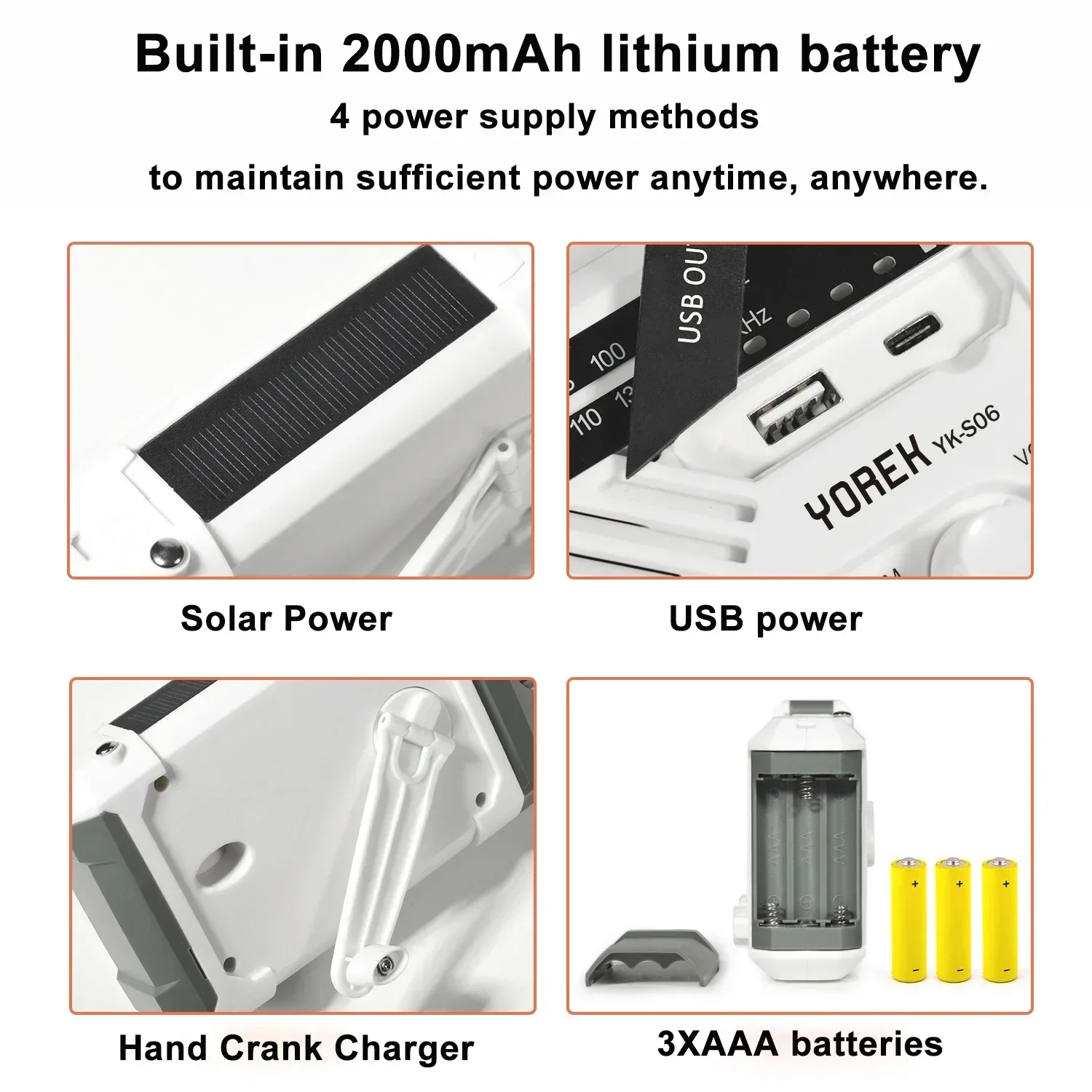 جديد! راديو AM/ FM/NOAA للطوارئ، راديو شمسي يعمل بالبطارية مع مصباح يدوي LED، مصباح مكتبي، شاحن 2000 مللي أمبير في الساعة، SOS