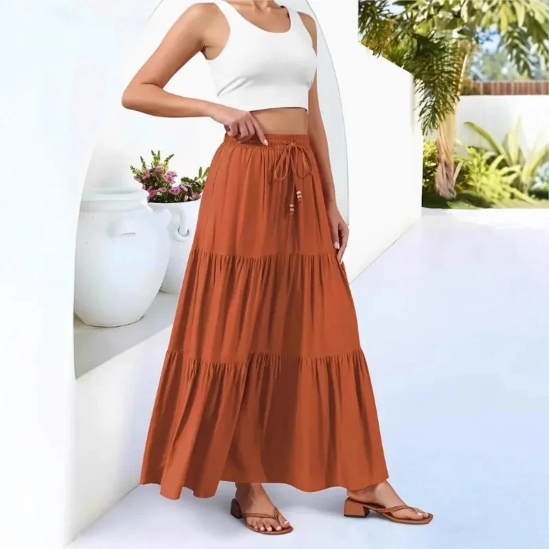 

Elastic Waist Drawstring Solid Color Long Skirt Women's Summer New Commute Versatile Pocket Casual Vacation Style Splicing Skirt