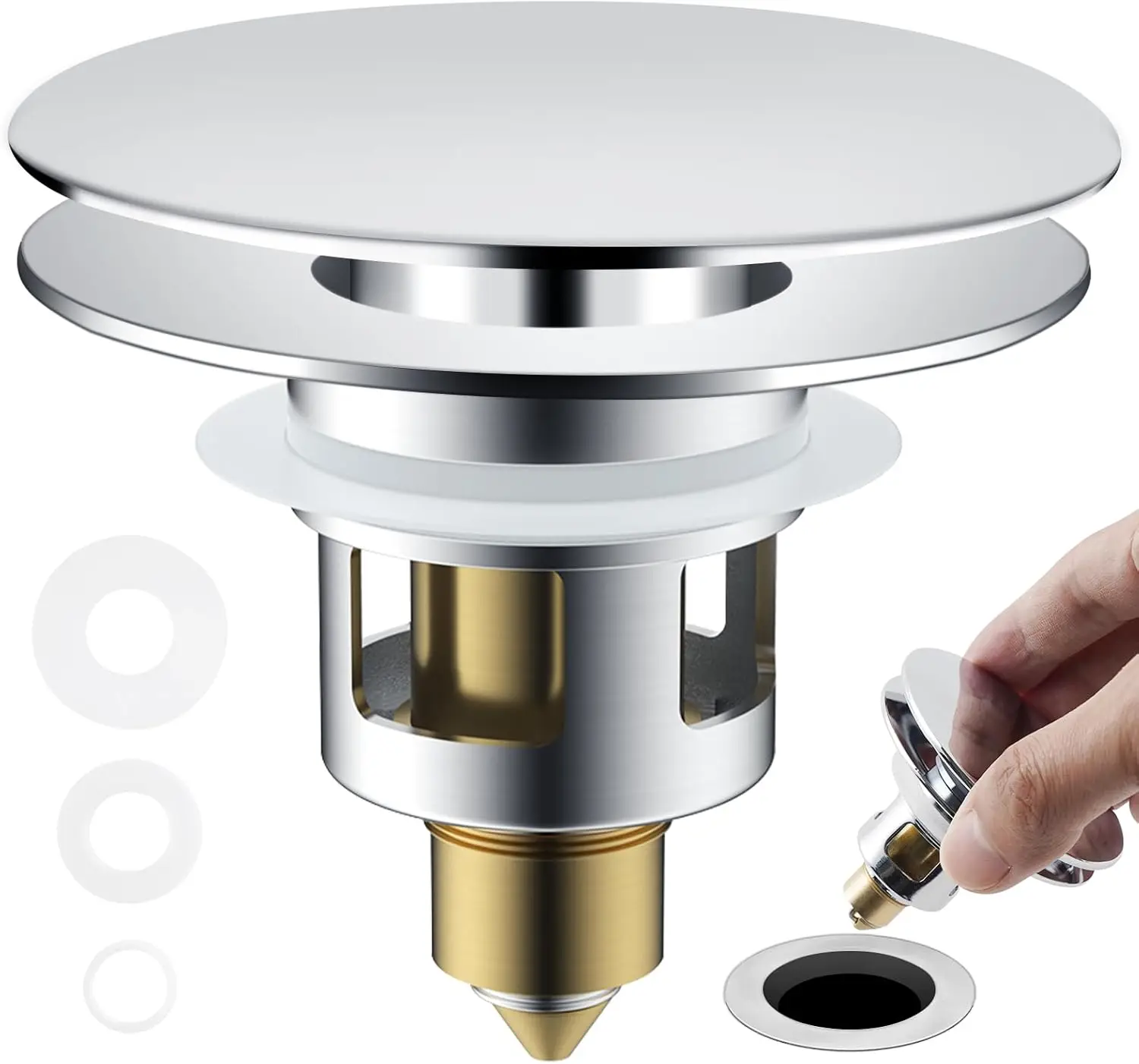 

Universal Sink Drain Strainer with Removable Filter Basket, 2-in-1 Pop-Up Stopper for 1.1''-2.36'' Holes, Chrome Finish