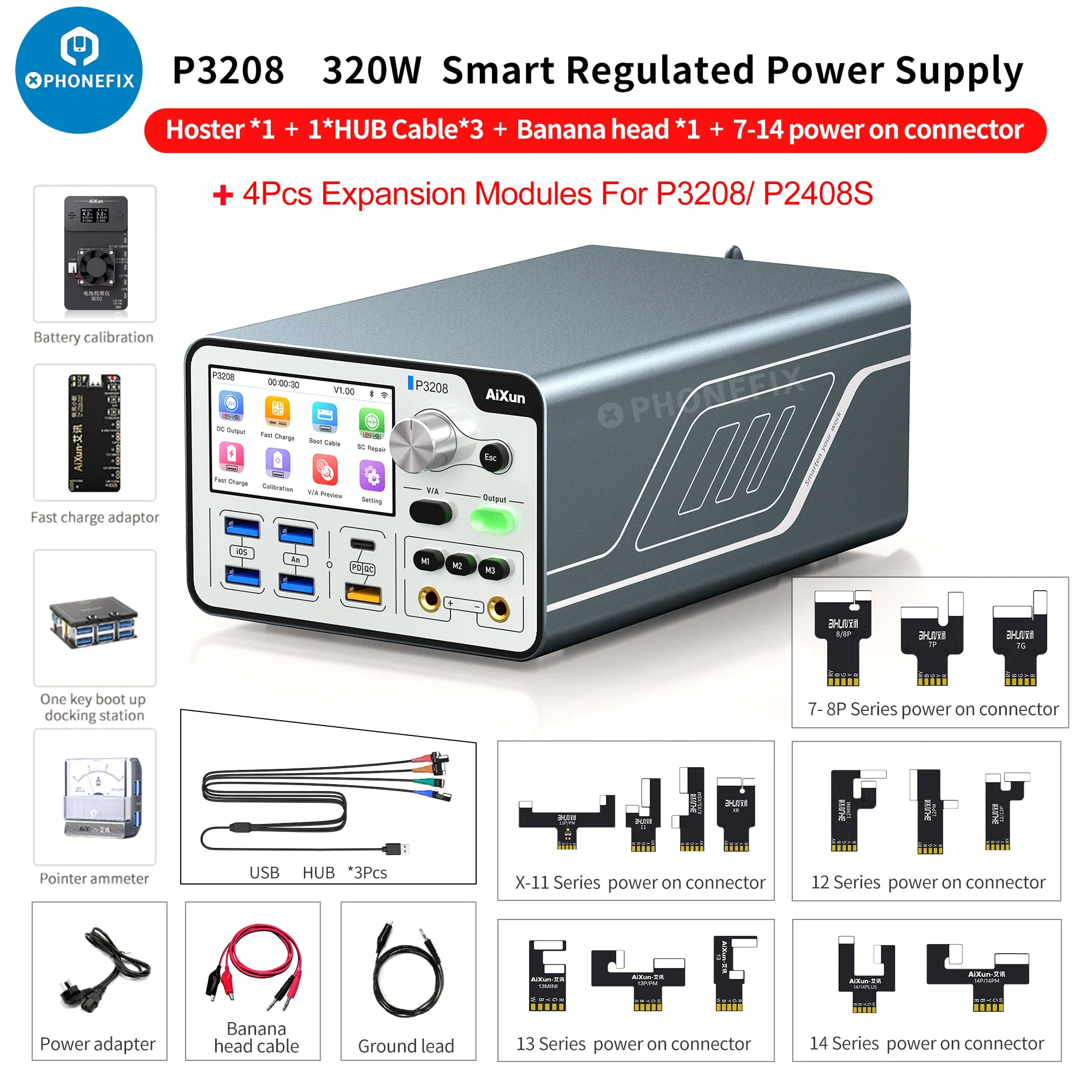 JCID AiXun P3208 320W Smart Regulated Power Supply For iPhone 6-14ProMax One-button Power-on Tester 32V/8A Battery Fast Charging