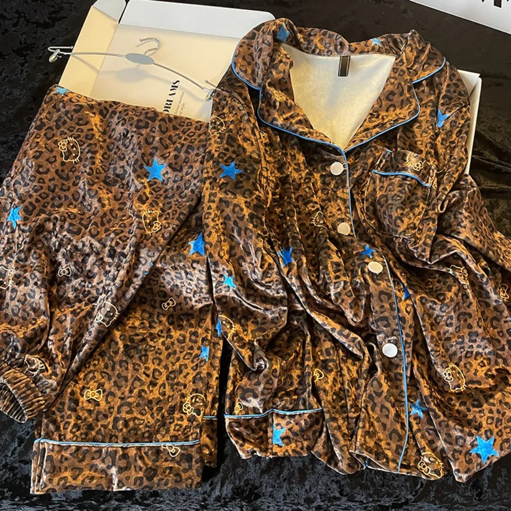 2026 New Women's Spring and Autumn Pajama Set with Long Sleeves, Pants, Leopard Pattern Cartoon Cat Bow Flip Collar, Smooth