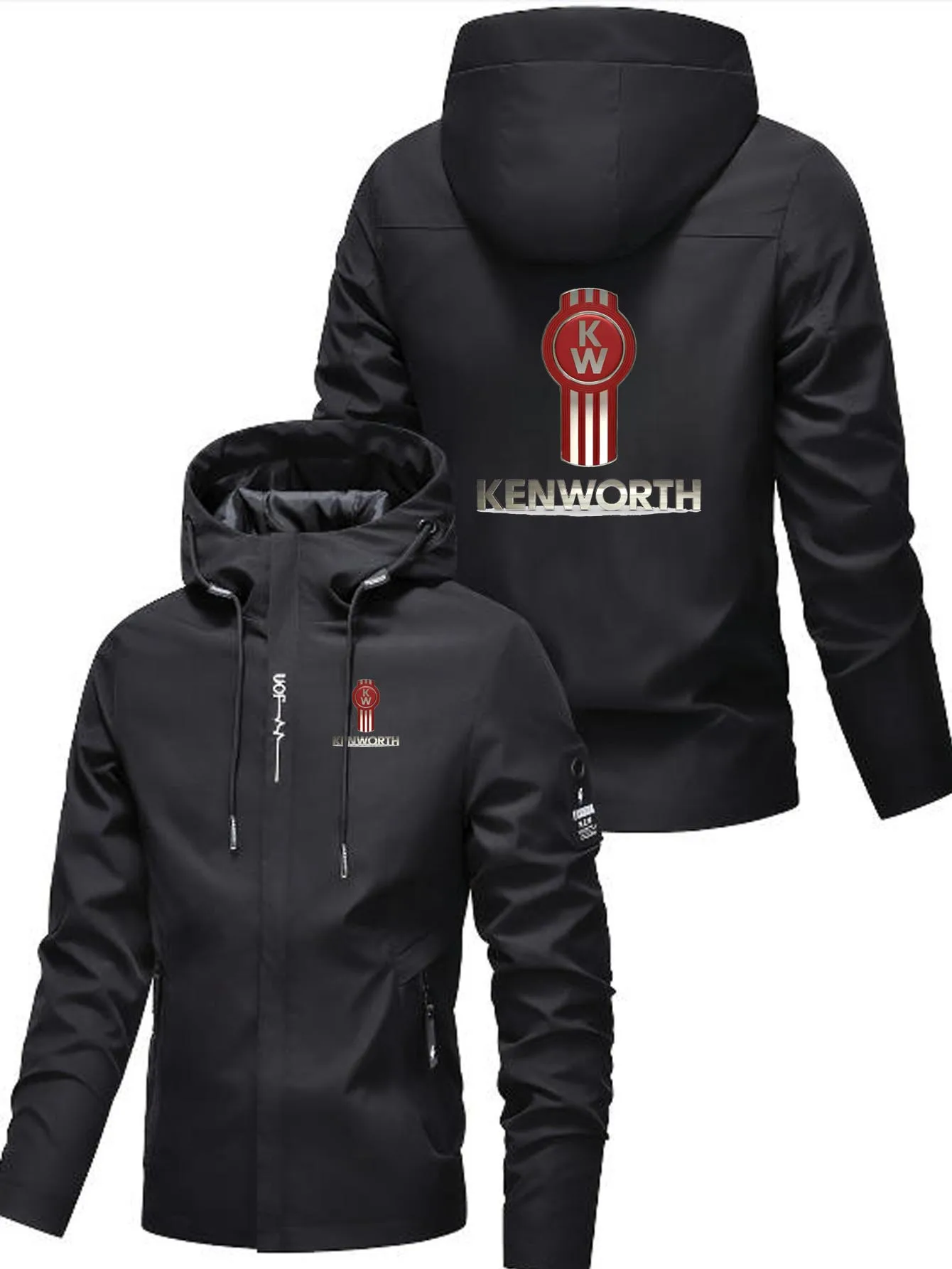 

Men'S Fashion High-Quality Print Hooded Motorcycle Truck Jacket - Durable Polyester Zipper Pocket Drawstring Design