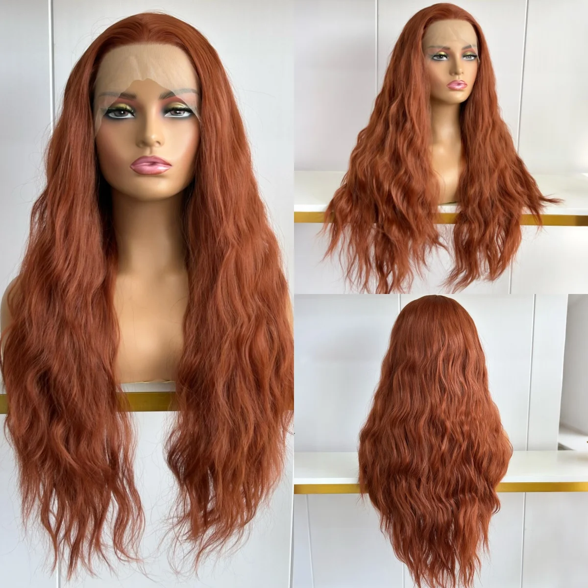 Auburn Long Curly Wavy Wig Synthetic Hair Free Part Copper Red Natural Wave Reddish Brown Heat Resistant Fiber Wigs for Women