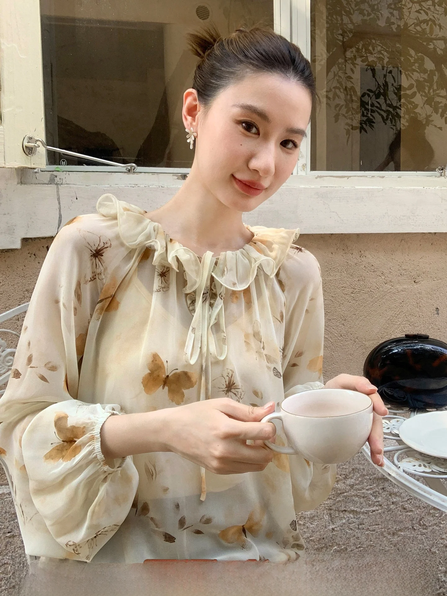 

Ele Floral Print Long Sve irt Women's Faion Design Lace Trim Belted Top Breathable Polyester Autumn New Arrival