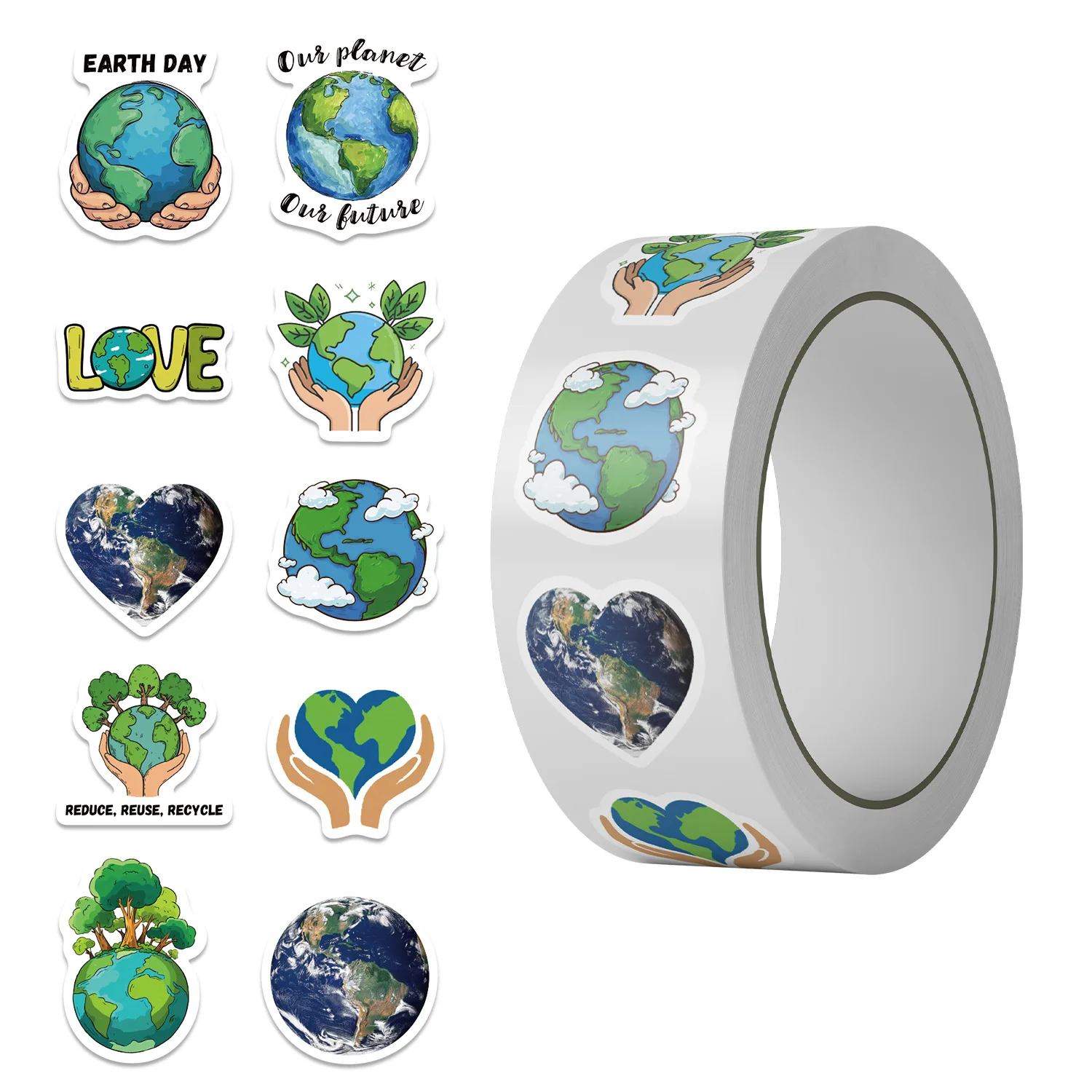 500Pcs Earth Day Stickers Roll, 10 Patterns Environmental Protection Heart Earth Decals Recycle Quote Stickers for Kids Students