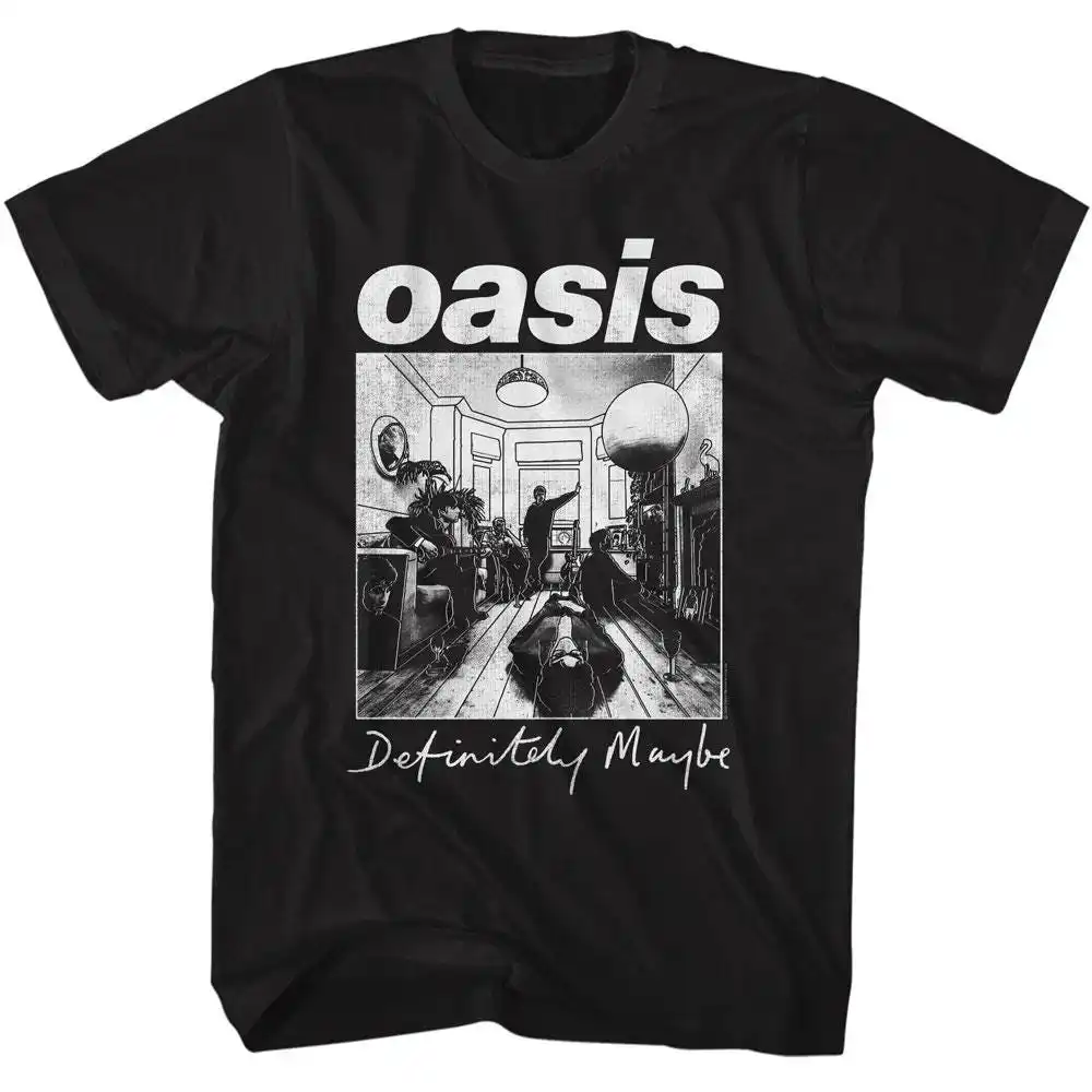 Oasis Monotone Definitely Maybe, schwarzes T-Shirt in Übergröße, lockerer Schnitt, Rundhalsausschnitt, bedrucktes T-Shirt, Unisex-T-Shirt. – Detail 2