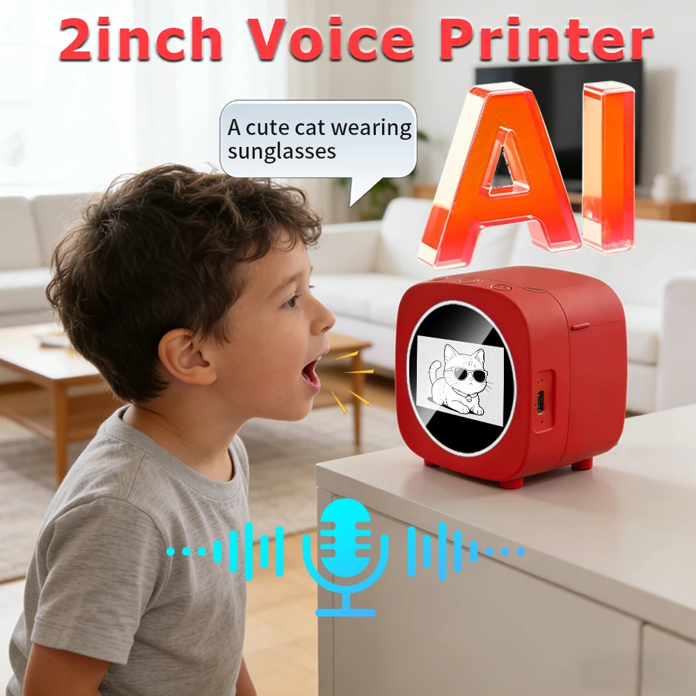 

58-мм (2-дюймовый) мини-принтер для фото с интеллектуальным голосовым управлением и цифровым дисплеем, для детей, подарки для Android и iOS