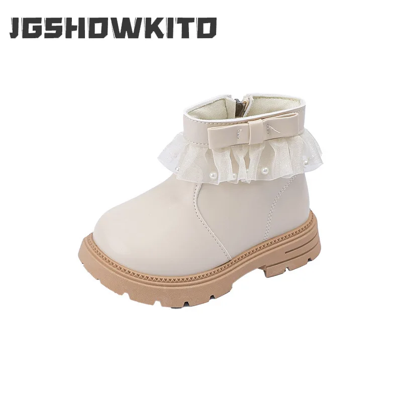 JGSHOWKITO New Kids Short Boots Lace Ruffle Pearl Bow Girls Princess Leather Boots Autumn Winter Non Slip Children Ankle Boots
