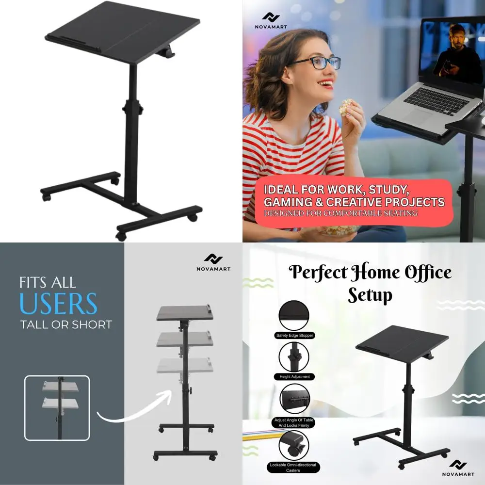 مكتب كمبيوتر محمول قابل لضبط الارتفاع - محطة عمل متنقلة مع سطح MDF وإطار فولاذي للمكتب المنزلي