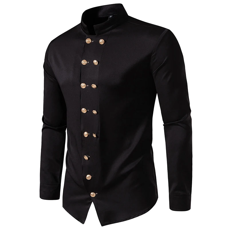 New Long Sleeve Formal Mens Shirt Double Breast Slim Fit Solid Color Mens Wedding Prom Social Tuxedo Dress