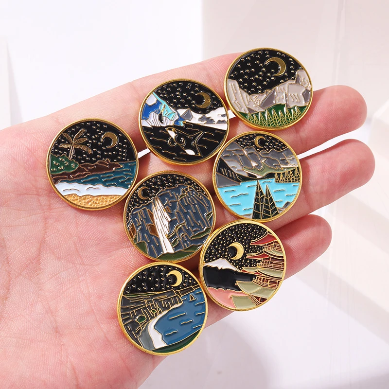 Seri lukisan pemandangan gunung Pin logam campuran aksesori pakaian Pin kelepak antik Van Gogh lukisan minyak seri Retro angin