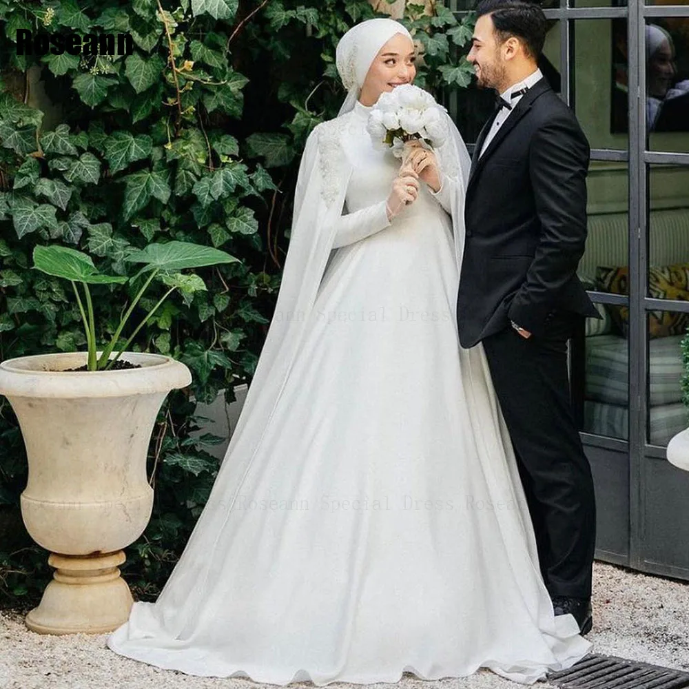 Muslim High Collar A-line Wedding Dresses Applique Paillette Draped Pleat Floor Length Bride Dress Brush Train robe de mariée