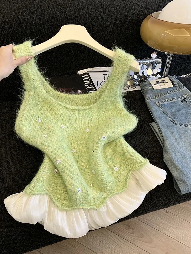 

Sweet and Sparkly Short Knitted Vest for Women, New Style Japanese-Style Gentle Sstyle, Layered Wear, Slim-Fitting Sweater Top