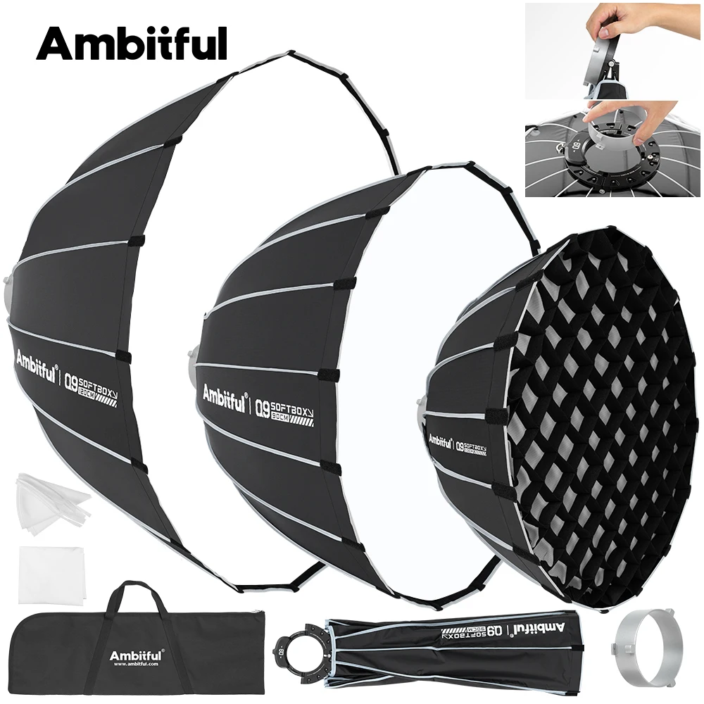 

AMBITFUL Q9 Series 60cm 90cm 120cm Bowens Mount Parabolic Softbox Deep Quick Set-up Softbox for Flash LED Light Godox