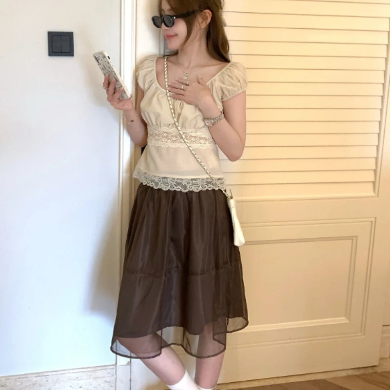 

Deeptown Vintage Brown Mesh Skirts Women Elegant Harajuku Y2k Short Skirt Japanese Style Retro Summer Streetwear Mini Skirts