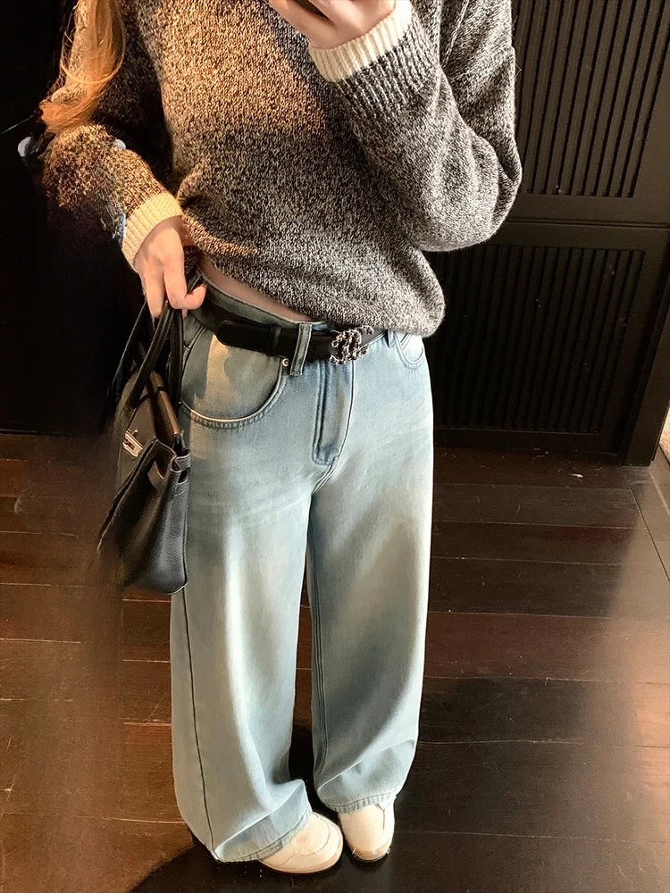 

High Waist Thickened Fleece Washed Wide Leg Jeans Women's Spring Autumn Design Sense Long Pants Loose Trousers
