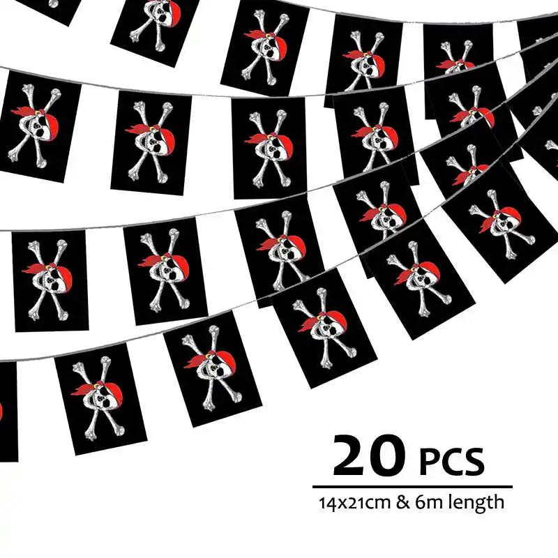 20 piezas bandera pirata colgante 14x21cm bufanda roja estampado de calavera negro 6M de longitud banderas y pancartas decorativas para fiesta en