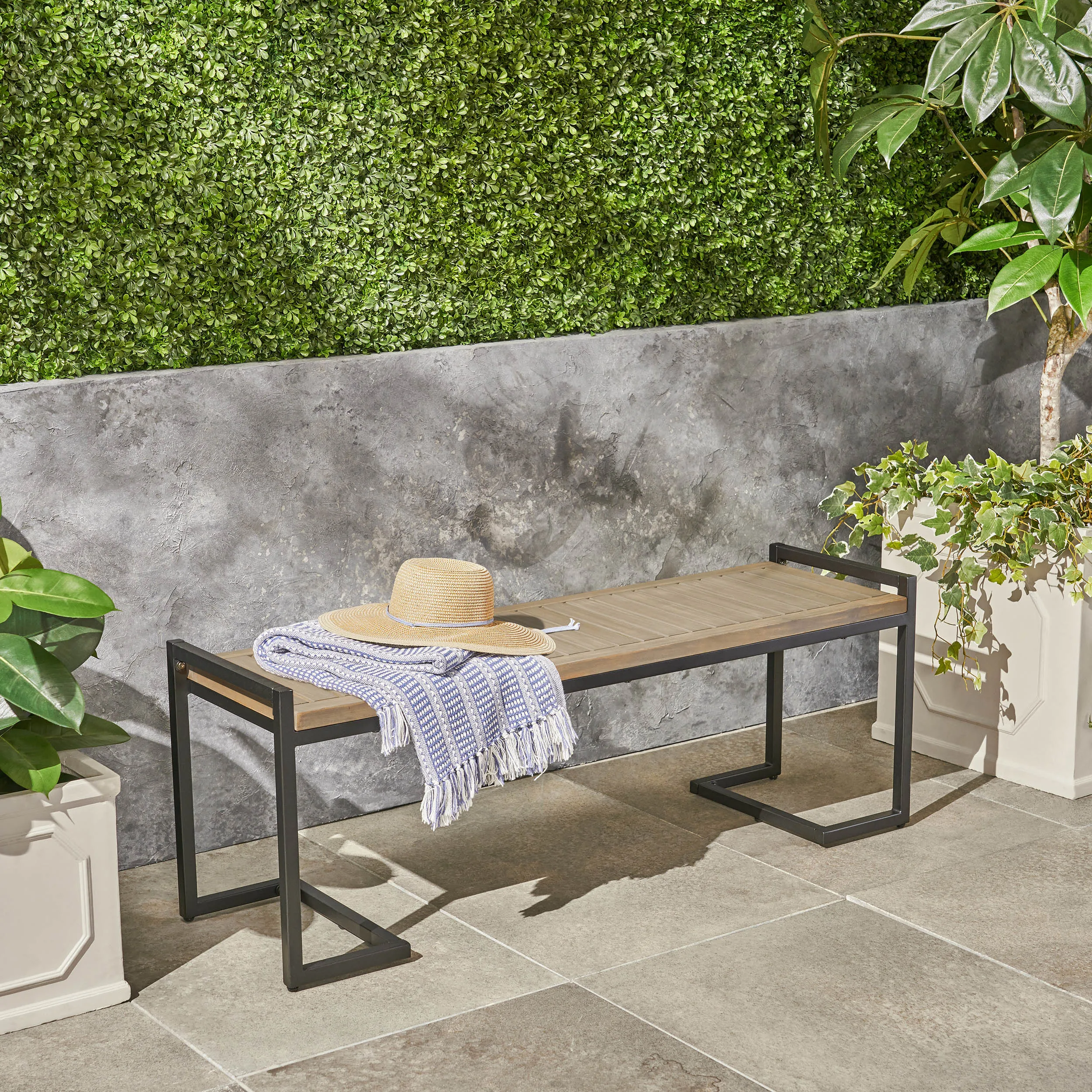 # Hopkins Industrial Modern Acacia Wood & Iron Frame Outdoor Patio Bench-Water Resistant & Durable