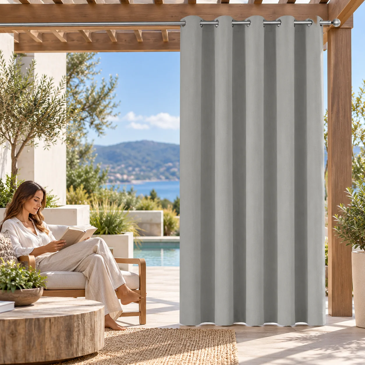 QELUS, tenda da esterno per patio, 52 x 108 pollici, pannello in poliestere idrorepellente con occhielli in metallo, tende filtranti per la luce che garantiscono privacy, ideali per portico, balcone o