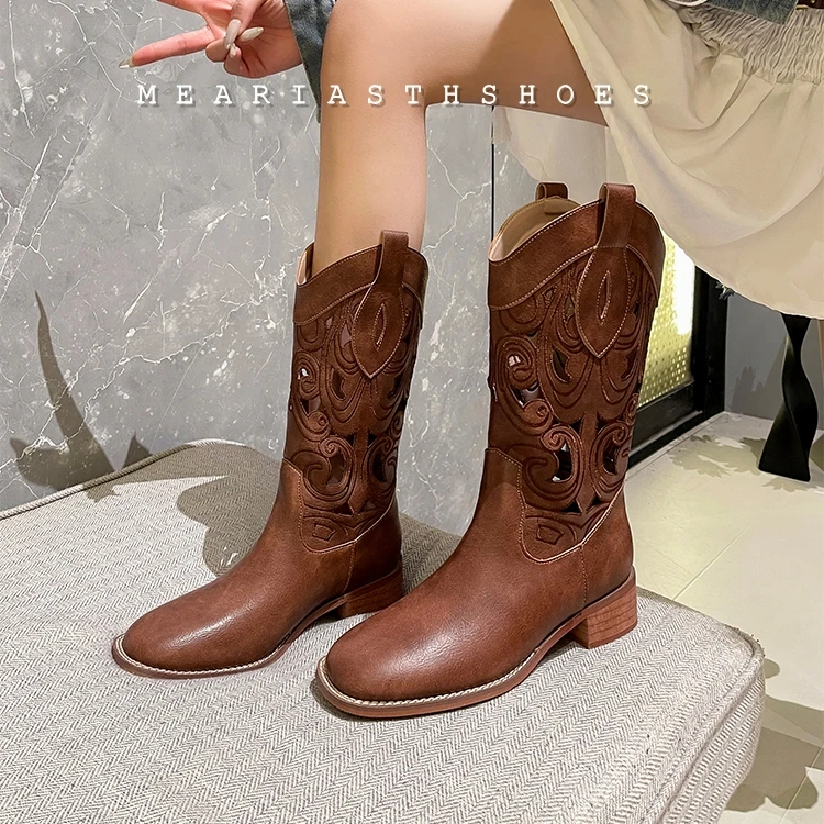 Western Cowboy Boot 4.5CM Chunky Heels Square Toe Women's Embroidered Mid-Calf Boots Fashion Hollow Out Retro Casual Long Shoes