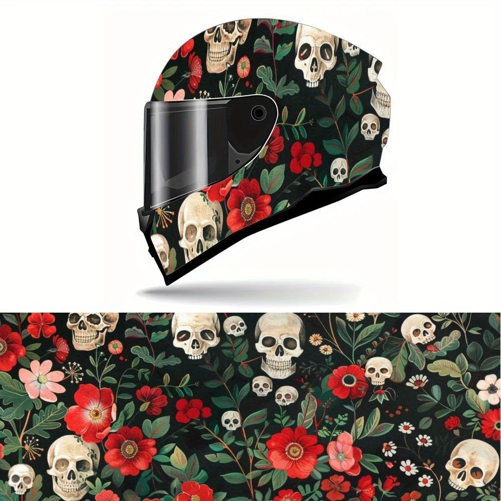 

Fantastic Skull Accompanied by Flowers Full Face Helmet Vinyl Wrap Sticker, Waterproof Scratch-Resistant Self-Adhesive PVC Decal