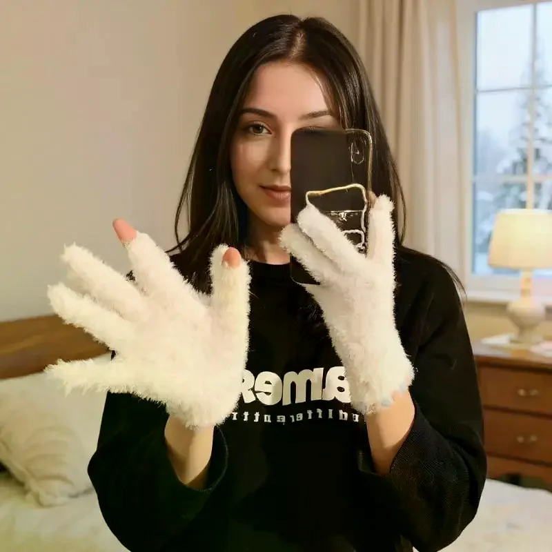 

Милые плюшевые перчатки с открытым пальцем и сенсорным экраном на пять пальцев для женщин, зимние, теплые и толстые бархатные перчатки для студентов на велосипеде