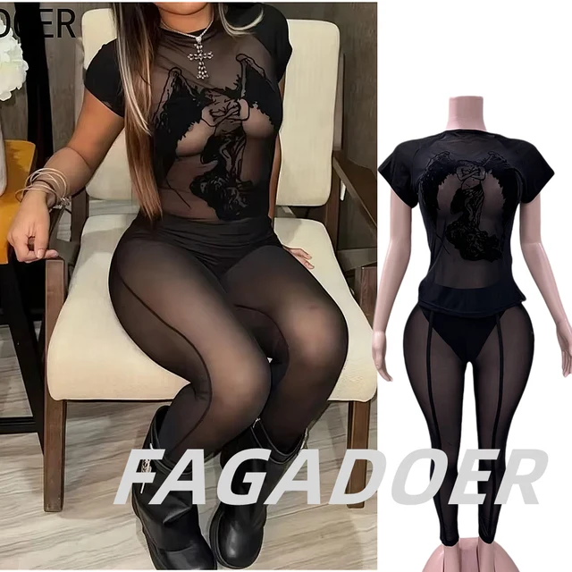 FAGADOER Y2k Punk 2-częściowe zestawy damskie Moda Backless Pattern Print Crop Top + Mesh Skinny Pants Suits Party Clubwear New