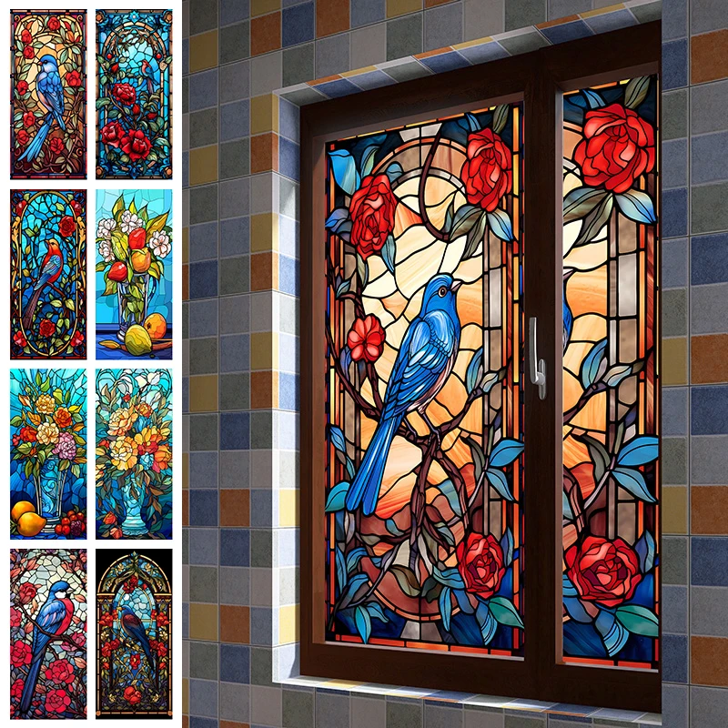 European Style Colorful Stained Glass Film Modern Art Geometry Pattern Privacy Window Stickers Static Cling Home Decor