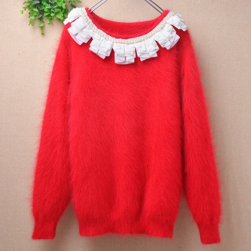 01 Female Women Fall Winter Clothing Hairy Mink Cashmere Knitted O-Neck Long Sleeves Slim Blouses Pullover Angora Fur Sweater