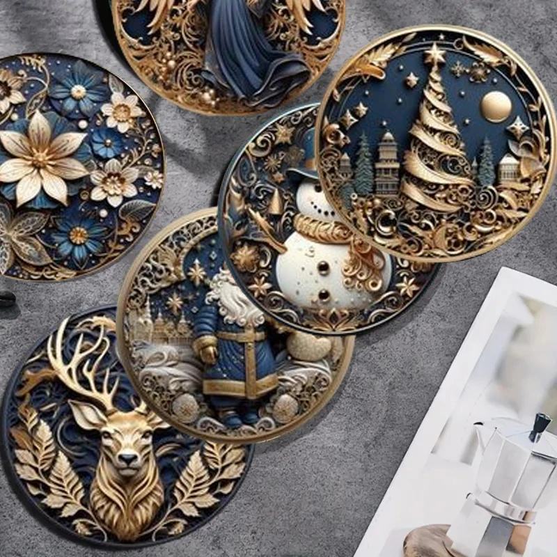 クリスマスをテーマにした木製プリントコースター6枚セットは、レストランやクリスマスギフトに適しています。