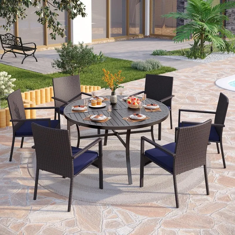 7 Pieces Outdoor Round Dining Set for 6, Large Wrought Iron Dining Table with Umbrella Hole