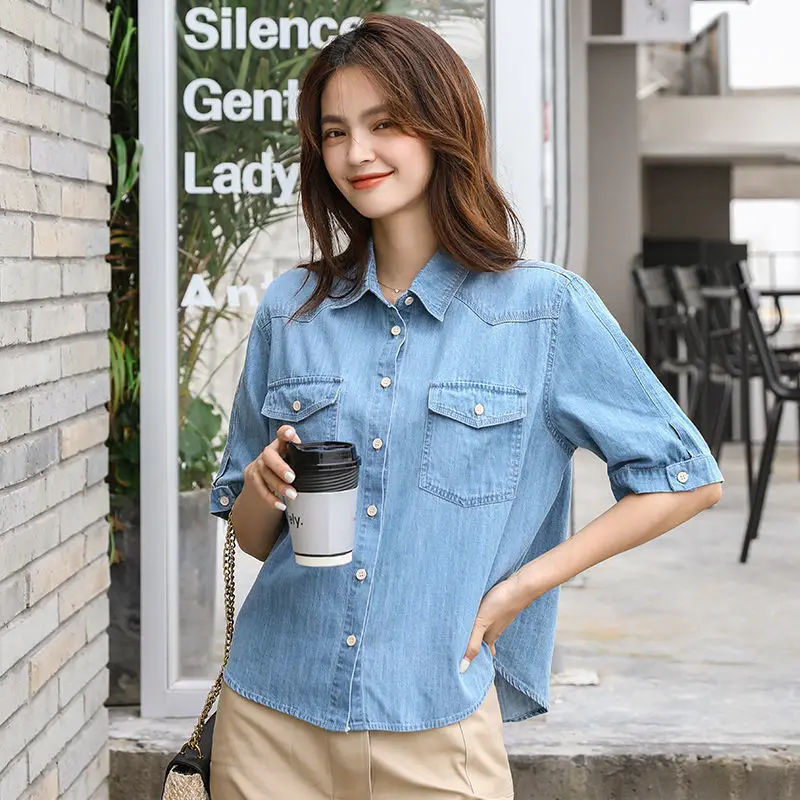 Women Casual Denim Shirt 2024 Summer Retro Short Sleeved Blouse Korean Fashion Single Breasted Jean Top