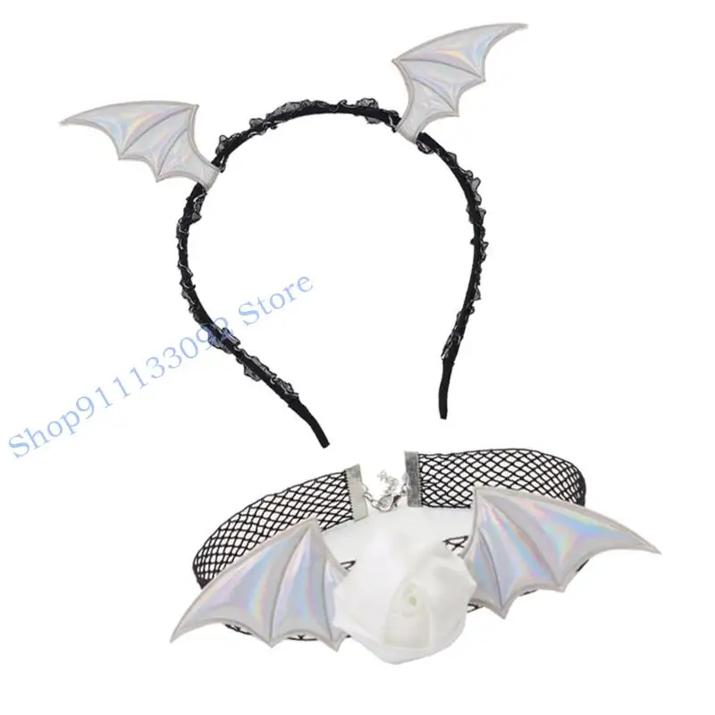 H9ed adultos trajes do diabo conjunto acessórios diabo morcego bandana flor renda gargantilha para role play halloween cosplay