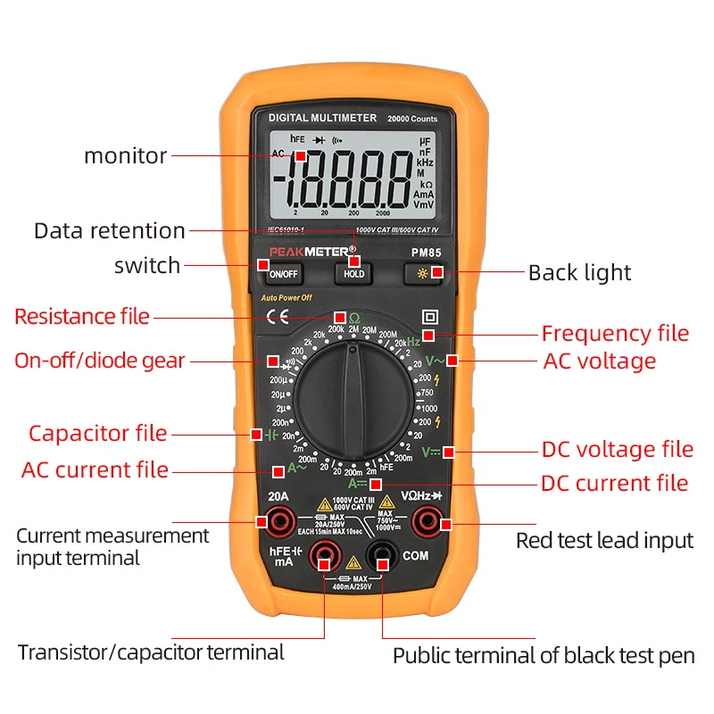 PEAKMETER 20000 conteggi multimetro digitale professionale 1000V 20A DC AC Tester di tensione di corrente capacità Ohm diodo Hz Tester