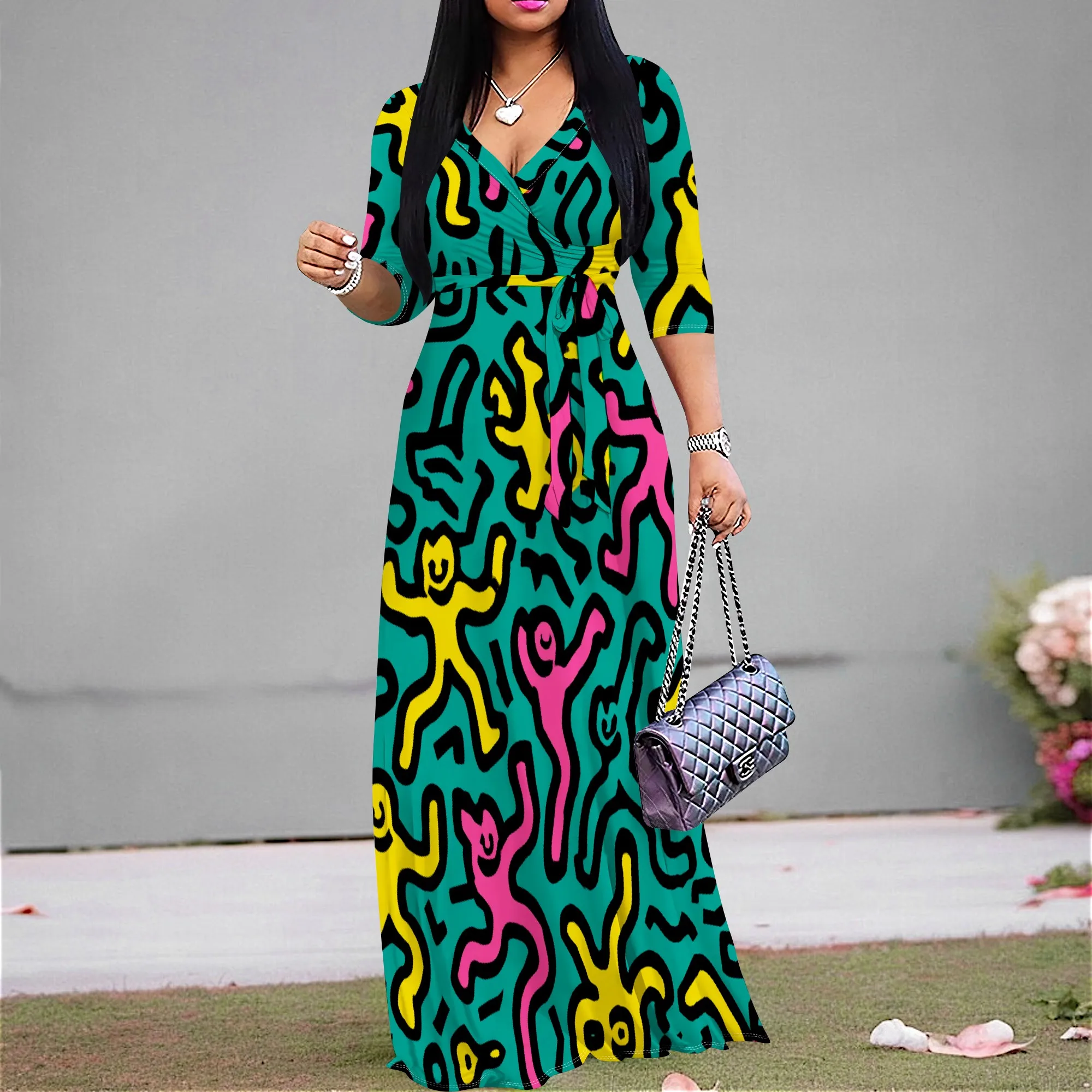 

2025 New Arrival Women's V Neck Wrap Maxi Dress, 3/4 Sleeve Tie Waist Abstract Graffiti Print Casual Vacation Streetwear XS-3XL