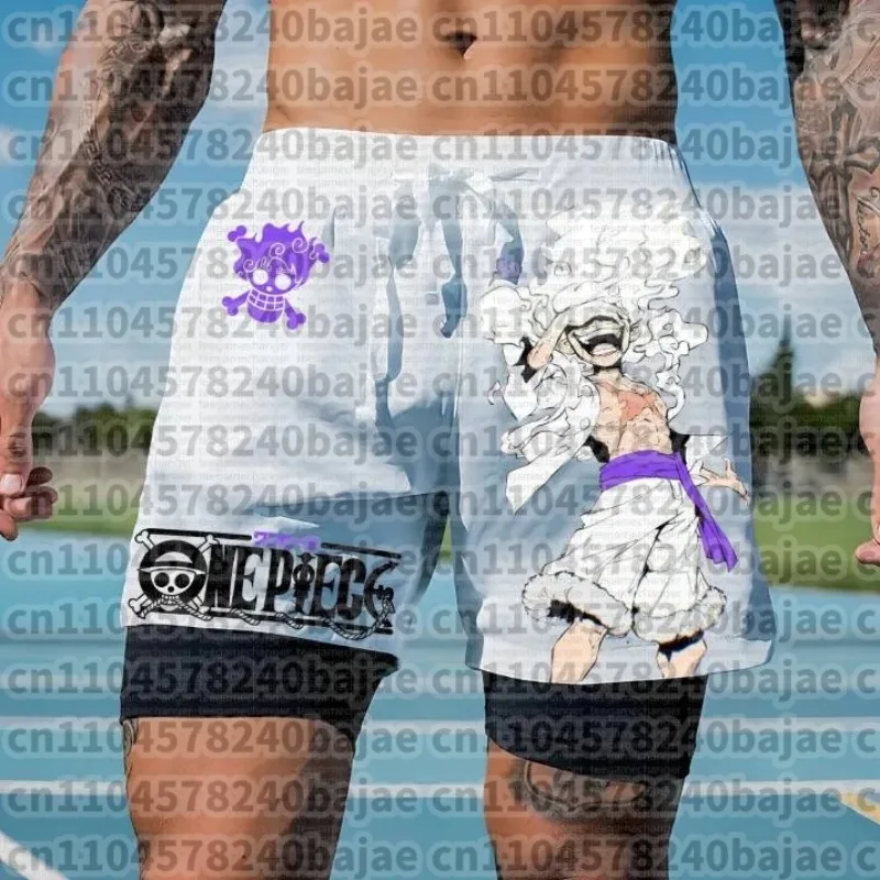 One Piece Anime White Double Layer Running Shorts for Men Gym Workout Straw Hat Crew Design Quick Dry Fabric Loose Fit view 4