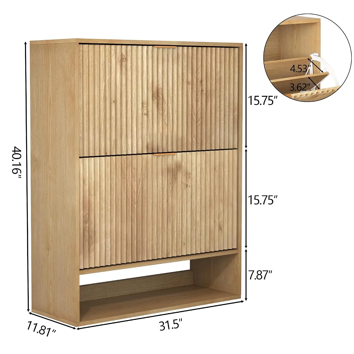 Fluted Shoe Cabinet Slim Storage with 2 Flip Drawers, Open Shelf & Side Hooks, Narrow Organizer for Entryway Foyer Hallway, Oak,
