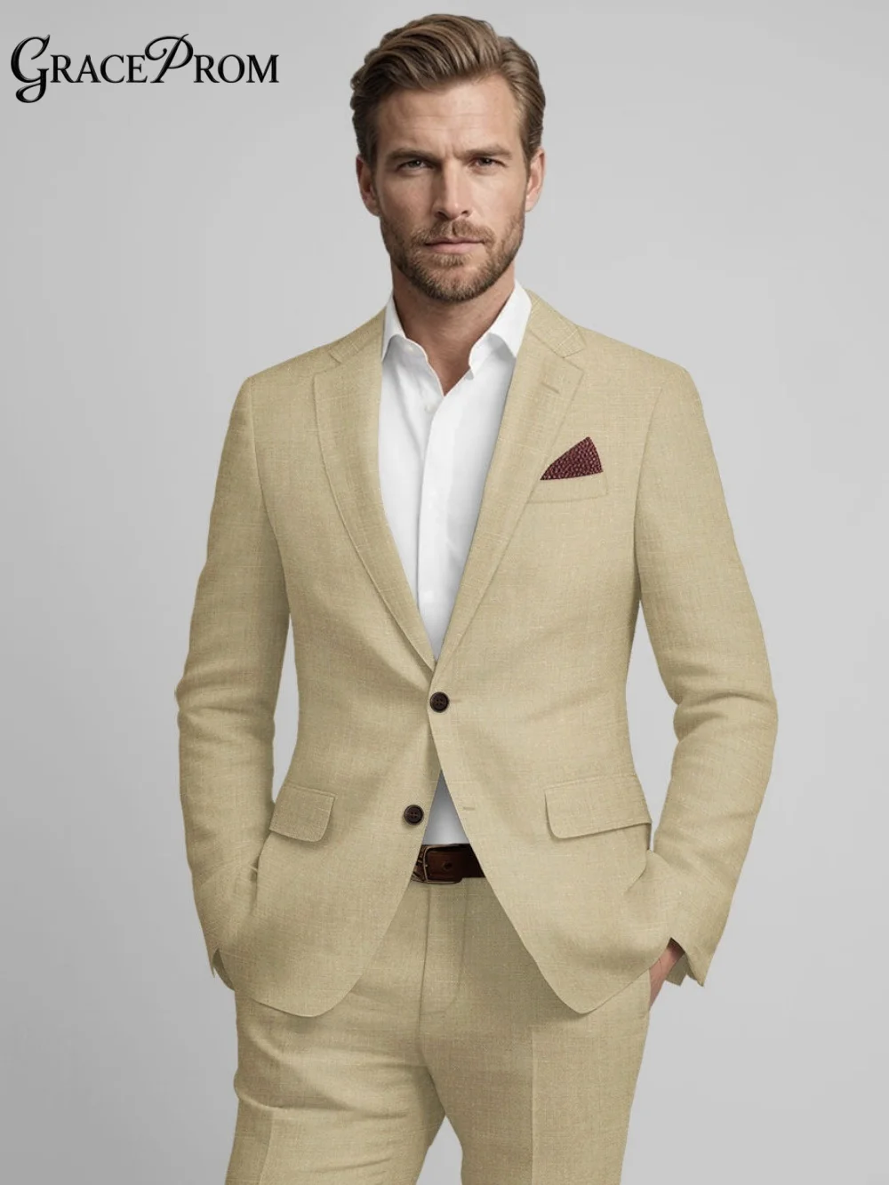 

Refined Beige Linen Mens Formal 2Pcs Suit With Slim Cut Blazer And Matching Trousers Elegant Business And Wedding Attire For Men