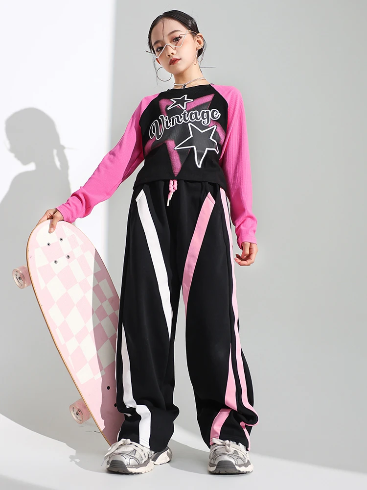 

Modern Jazz Dance Clothes Long Sleeves Tops Sweatpants For Girls Performance Wear Hip Hop Practice Outfits Navel Suit BL12284