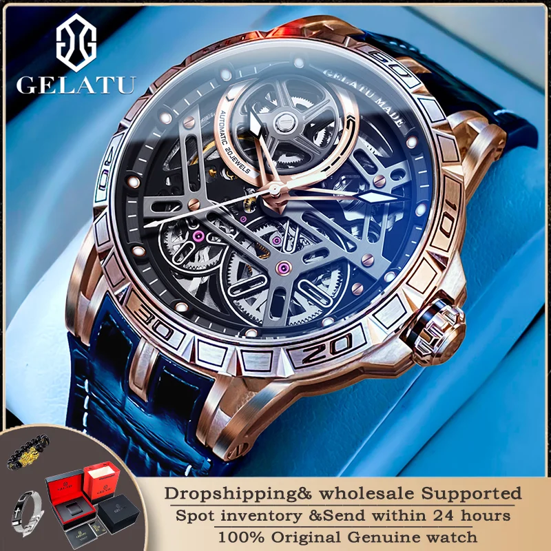 

GELATU 6015 Men's Automatic Mechanical Watch Waterproof Leather Silicone Strap Luxury Brand Skeleton Sports Fashion Men's Watch