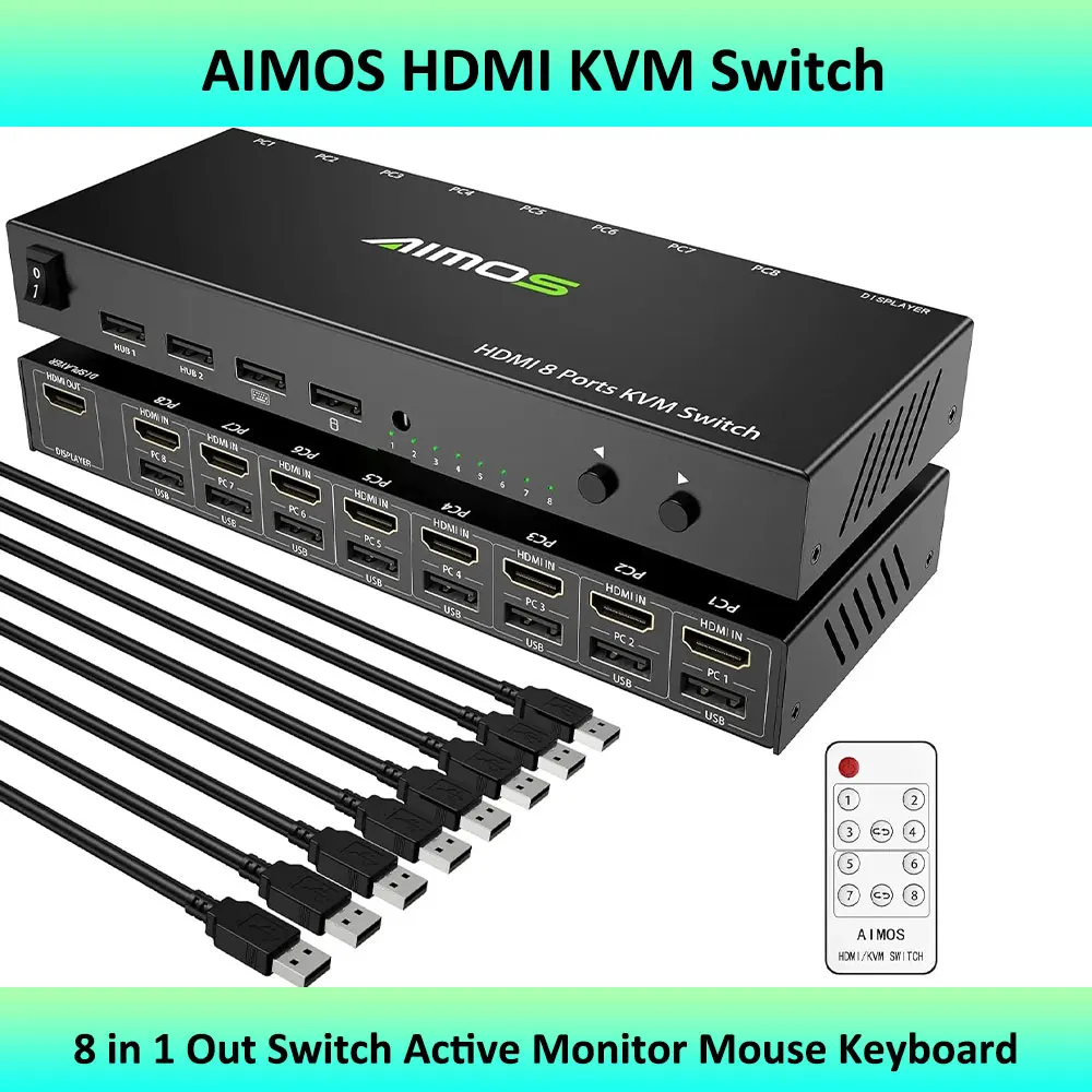 

AIMOS HDMI KVM Switch, 8 in 1 Out Switch Active Monitor Mouse Keyboard HDMI Switcher 4K @ 30Hz for Laptop, PC, PS4, Xbox